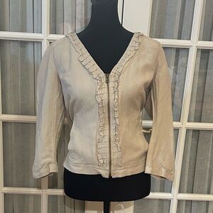 LOFT Linen Ruffle Zip Beige Blouse Women's M Regular, 3/4 Sleeve V Neck Top